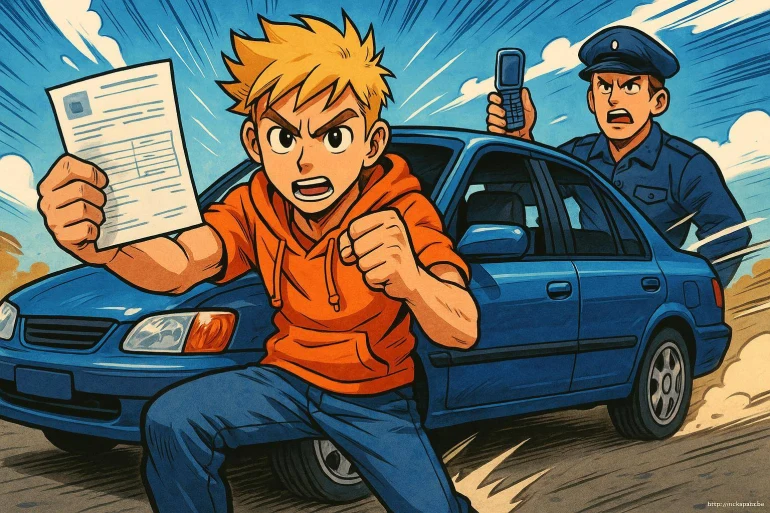Jeune homme contestation policier voiture bleue