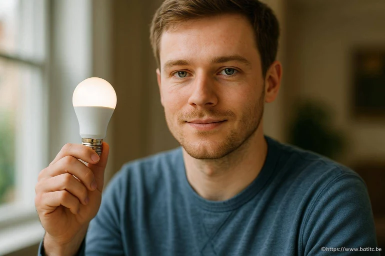 Jeune homme tenant une ampoule LED allumée