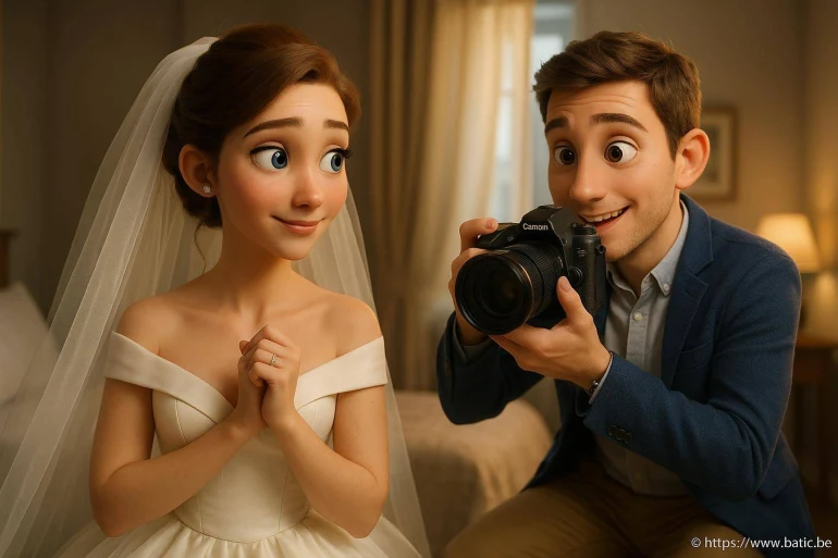 Mariée souriante avec photographe amateur