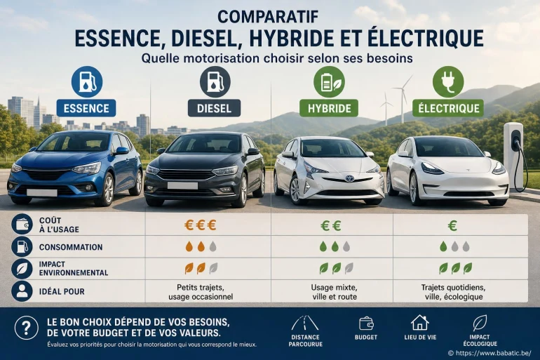 Comparatif essence, diesel, hybride et électrique : quelle motorisation choisir selon ses besoins ?