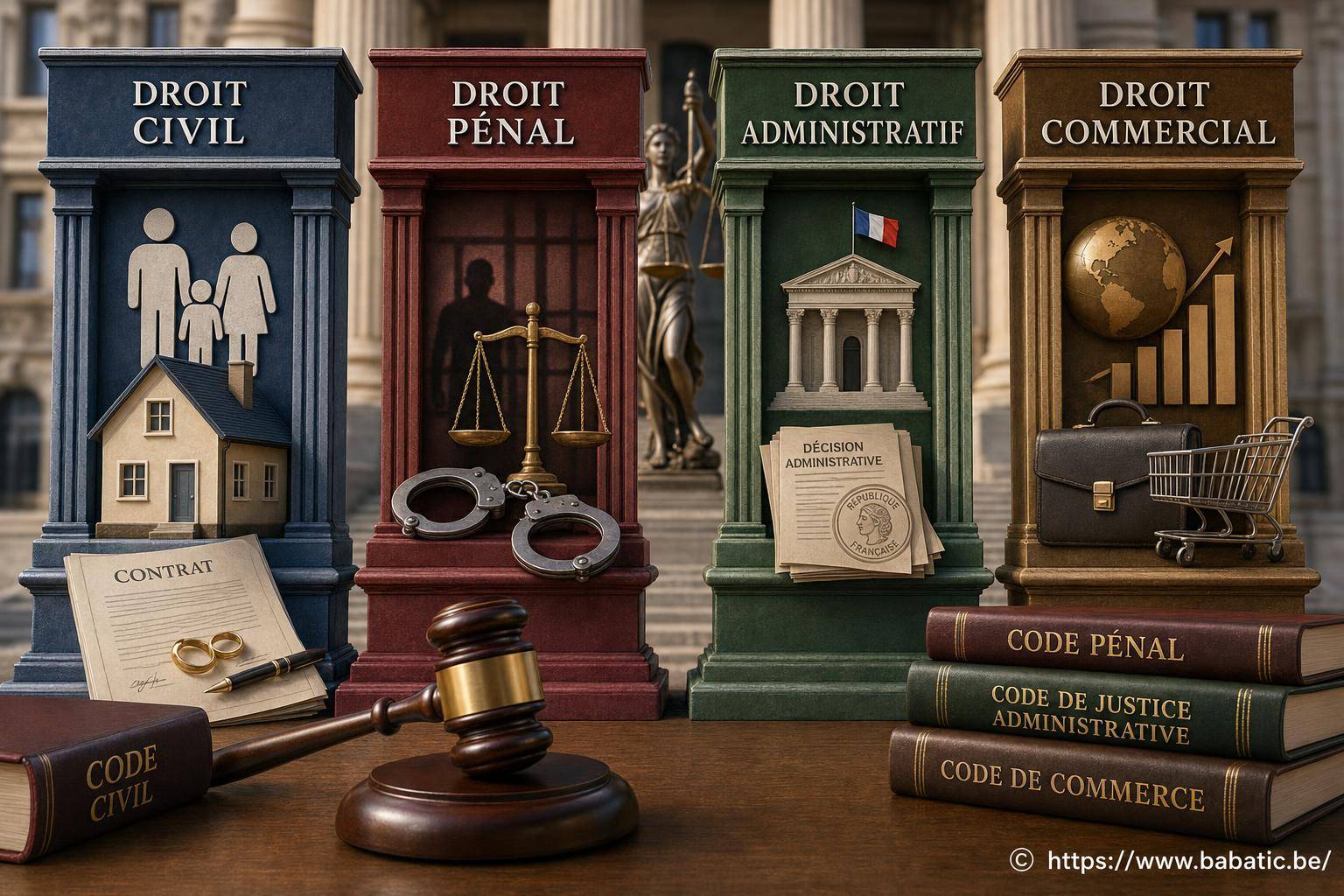 Les grandes branches du droit : comprendre le civil, pénal, administratif et commercial